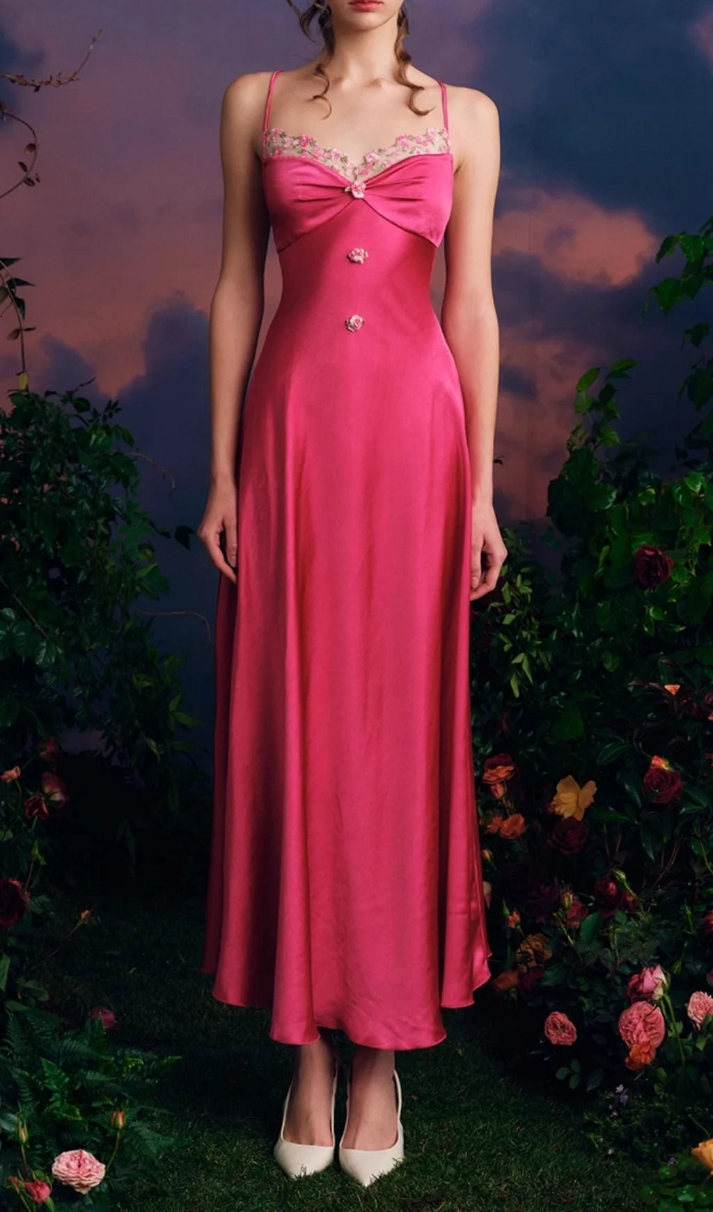 Modern Spaghetti Straps Satin Lace A Line Party Gown Hot Pink Long prom Dress D908