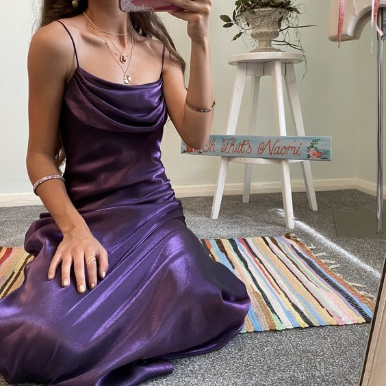 Spaghetti Straps Fashion Purple Satin A Line Long Party Dress Formal Wedding Guest Dress Bridesmaid Dress D1468