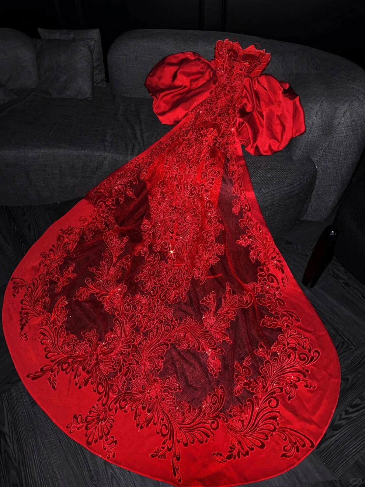 Gorgeous Off The Shoulder Red Satin Lace Appliques Mermaid Evening Dress Long Prom Dress D1338