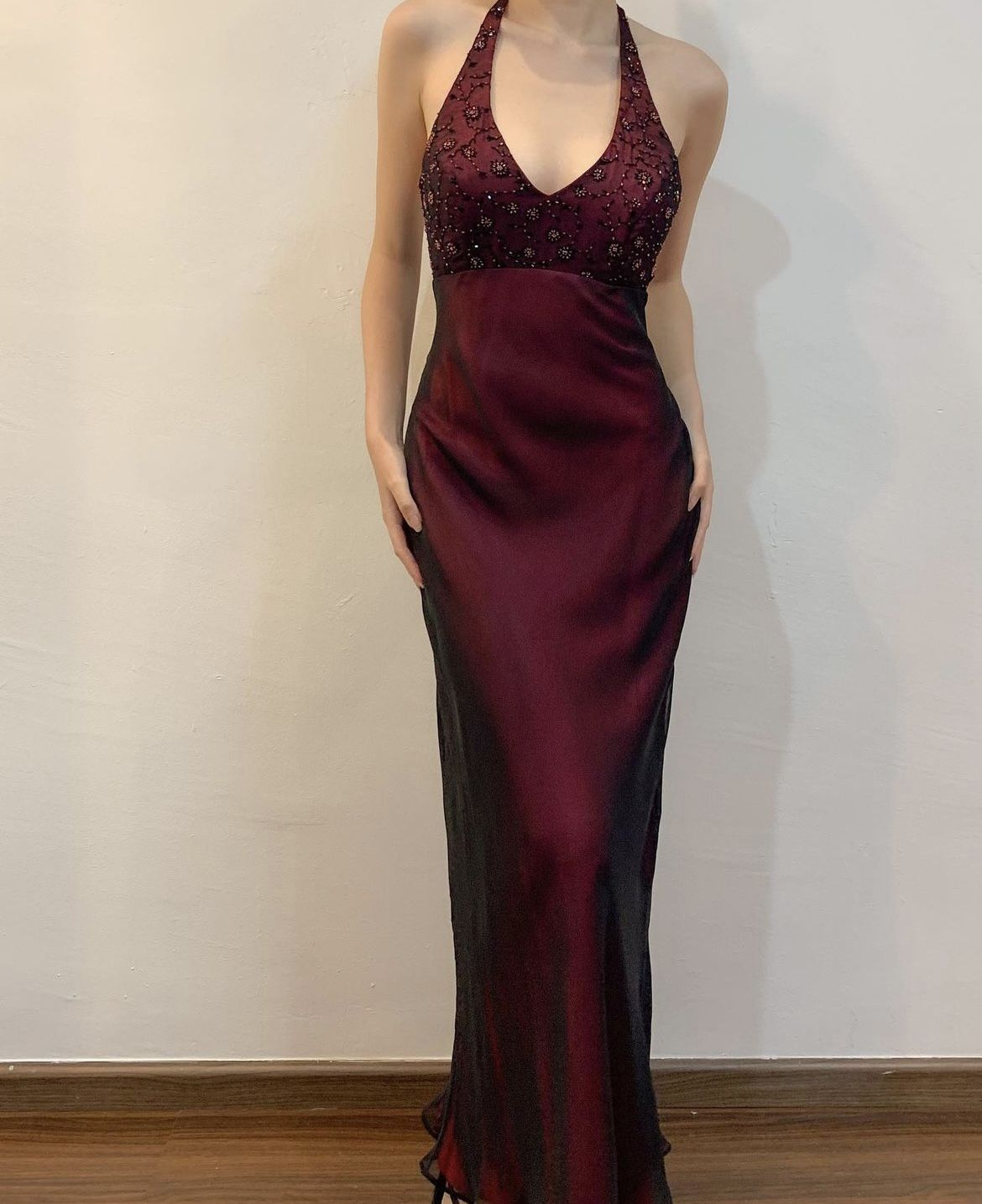 Stylish Halter V Neck Burgundy Long Party Dress Mermaid Evening Gown D1529