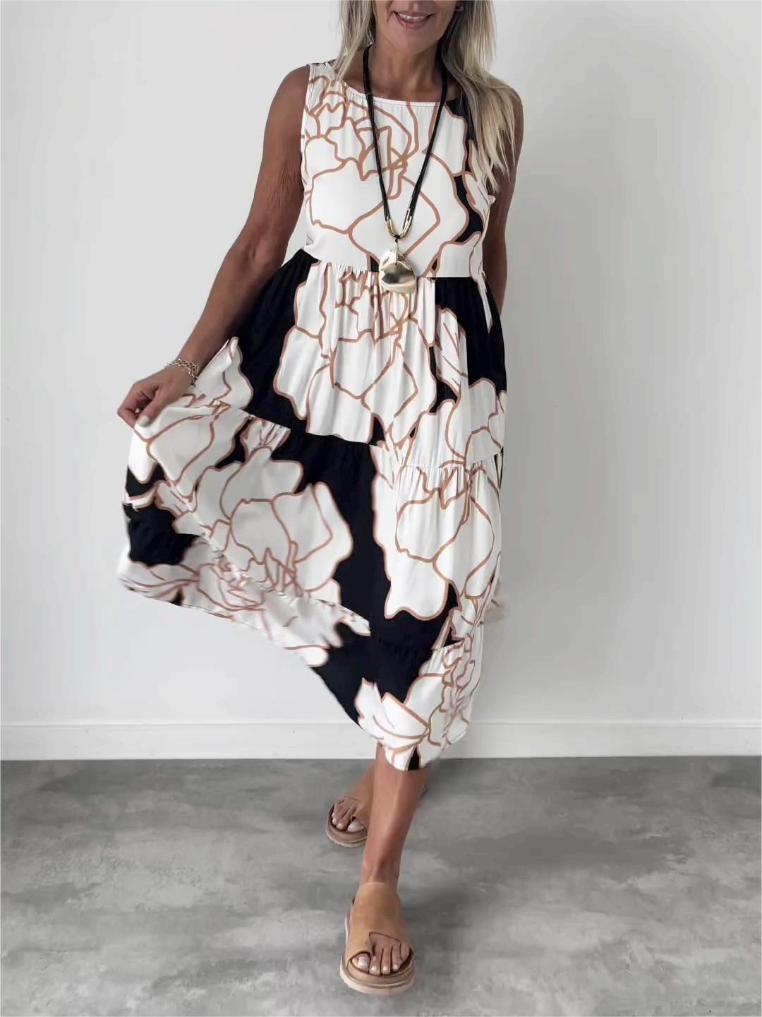 Floral Print Sleeveless Round Neck Tiered Relaxed Midi Dress