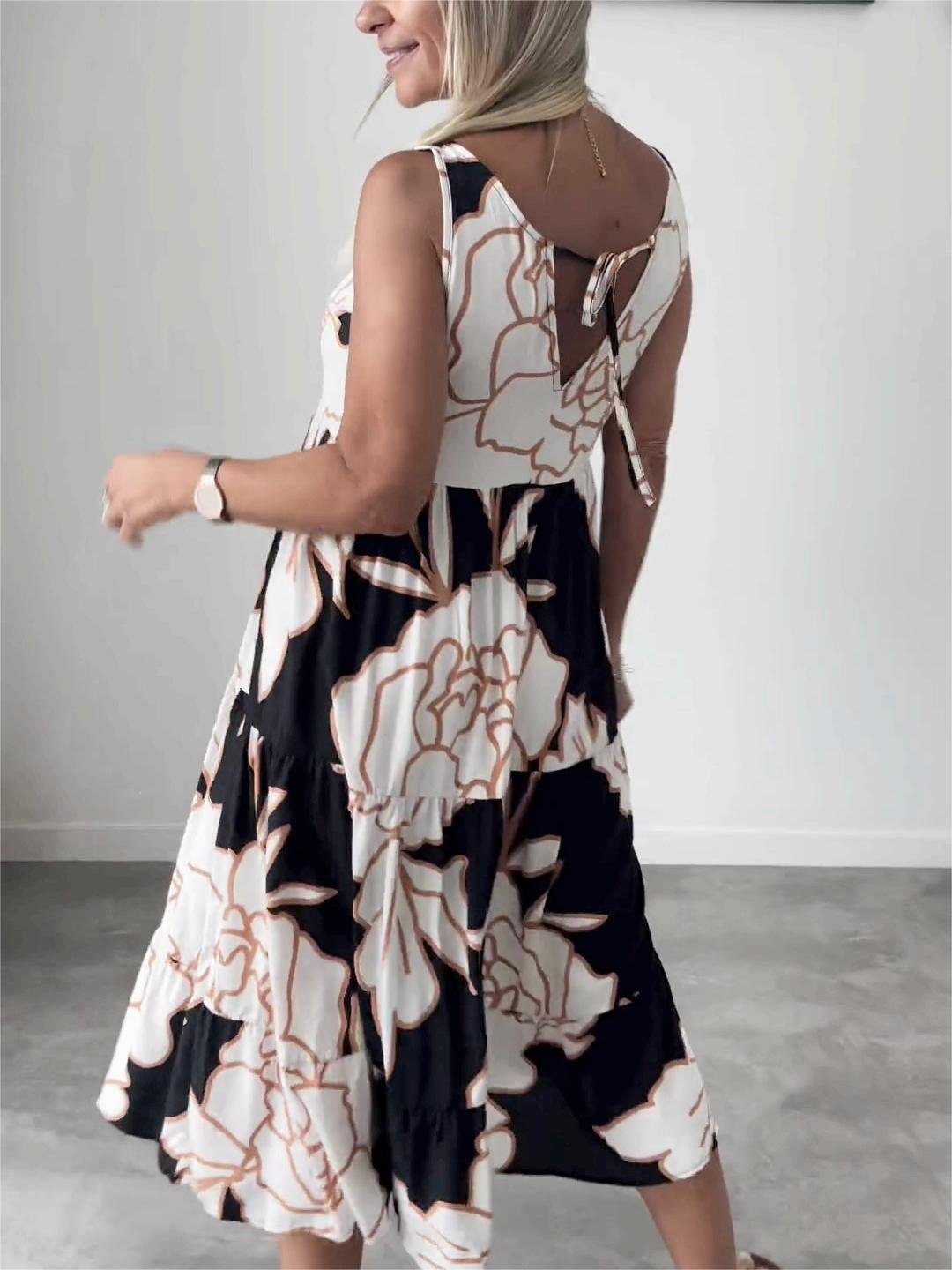 Floral Print Sleeveless Round Neck Tiered Relaxed Midi Dress - View 2