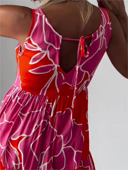 Floral Print Sleeveless Round Neck Tiered Relaxed Midi Dress - View 5