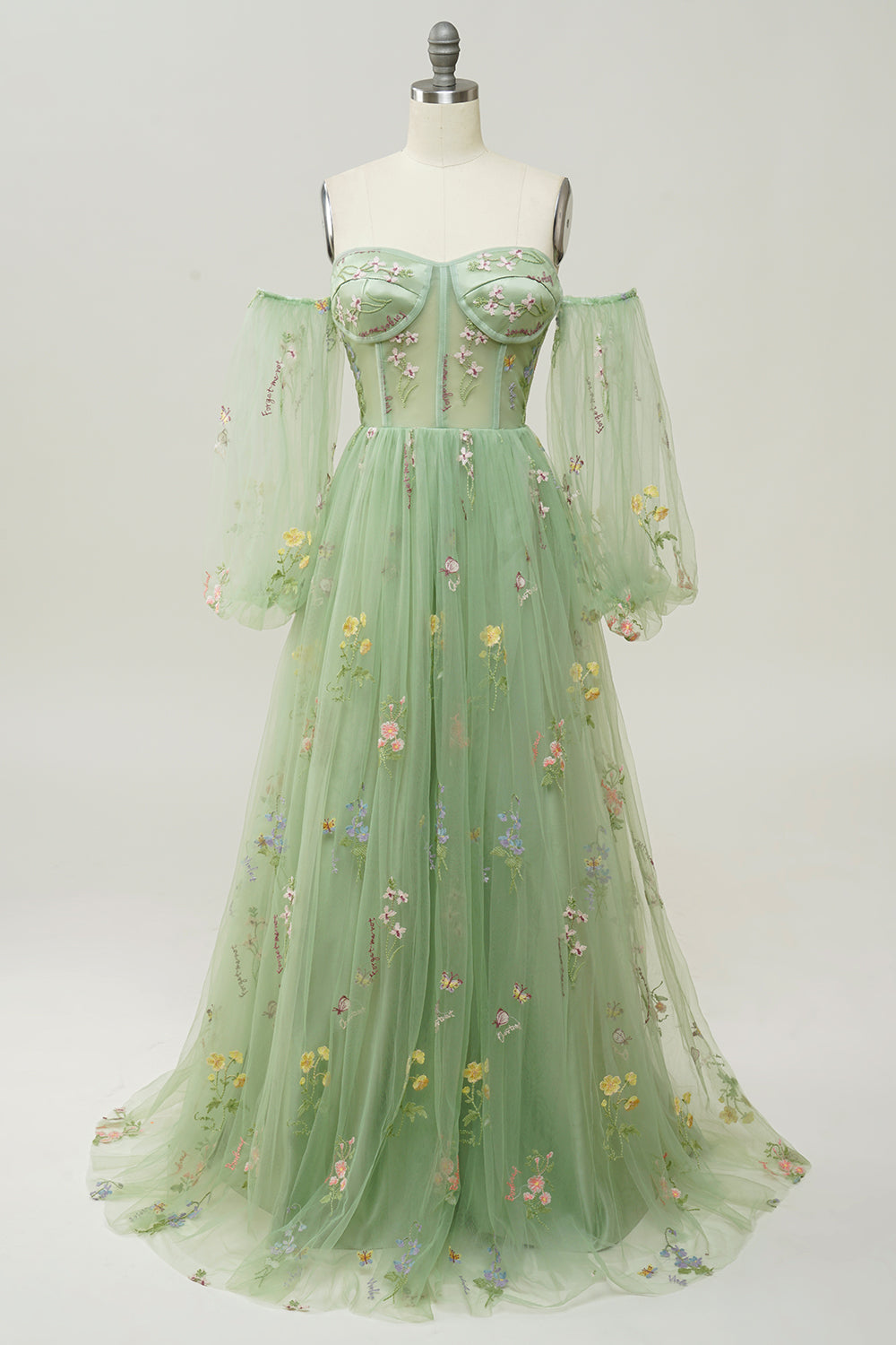 Green Off The Shoulder Long Sleeves A-Line Prom Dress - Fashionpara