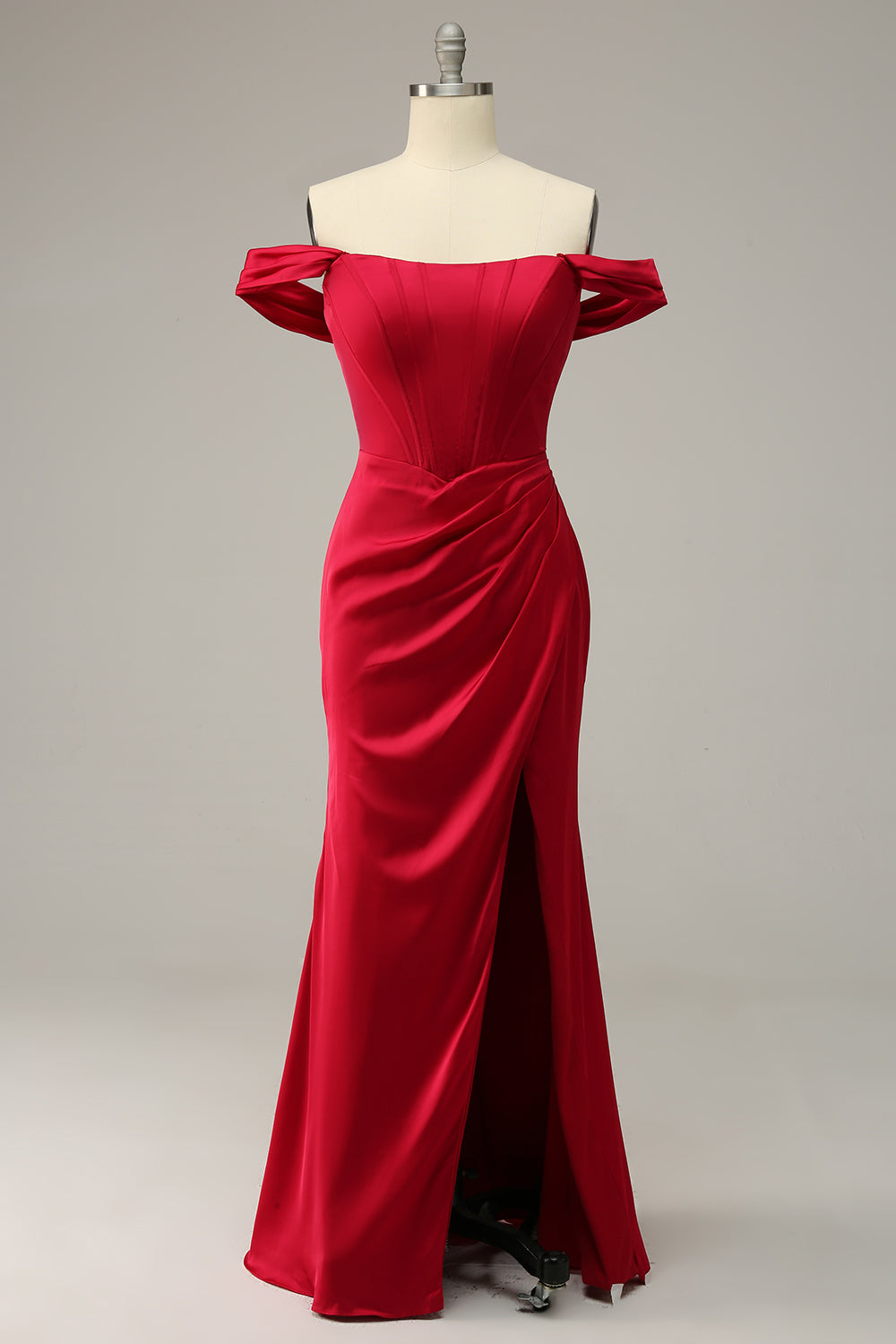Mermaid Off the Shoulder Burgundy Plus Size Prom Dress with Split Front - Fashionpara