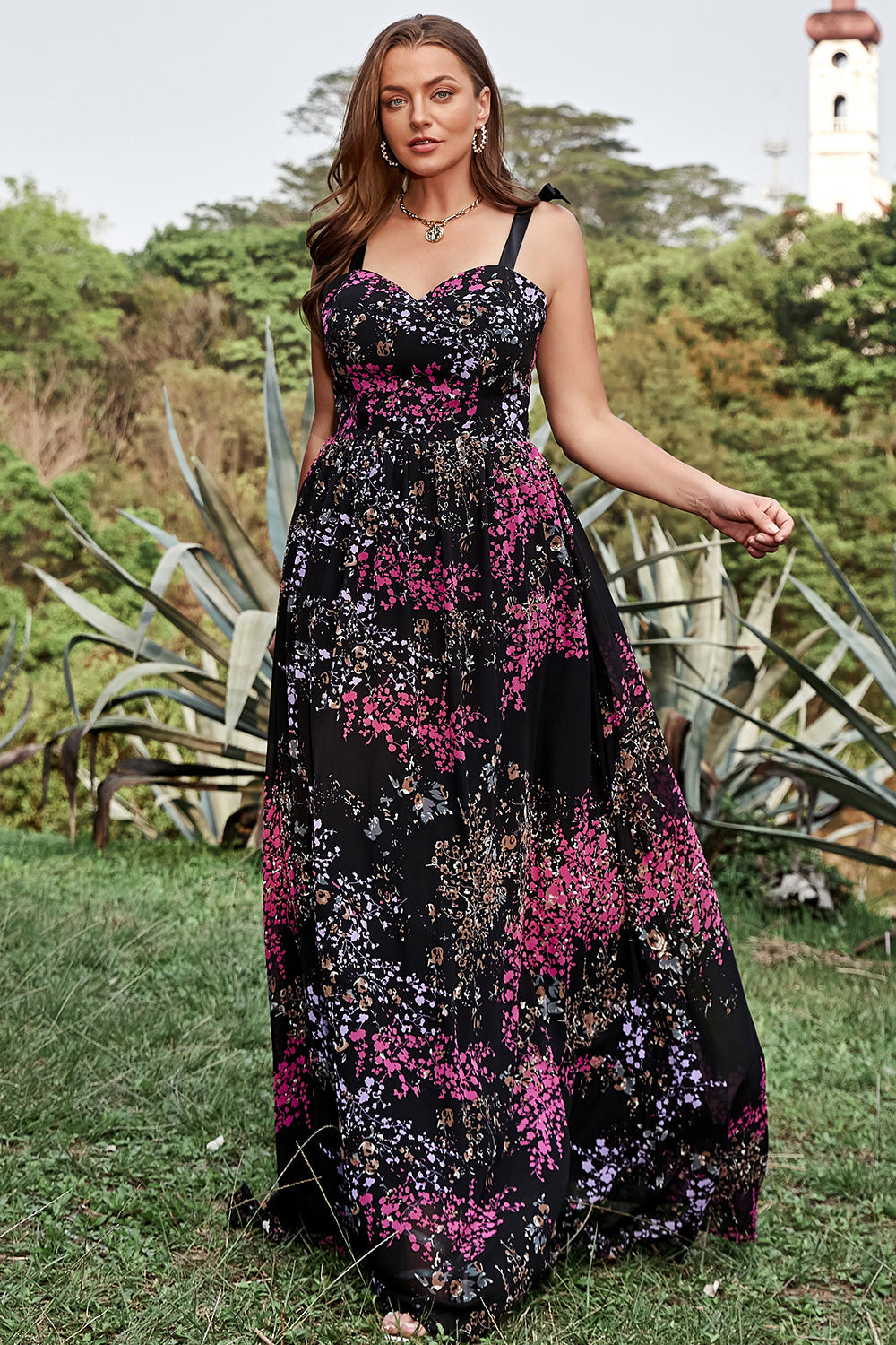 A Line Spaghetti Straps Black Mixed Flower Plus Size Prom Dress - Fashionpara