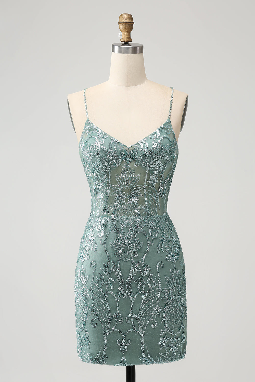 Green Bodycon Beaded Short Homecoming Dress with Criss Cross Back - Fashionpara