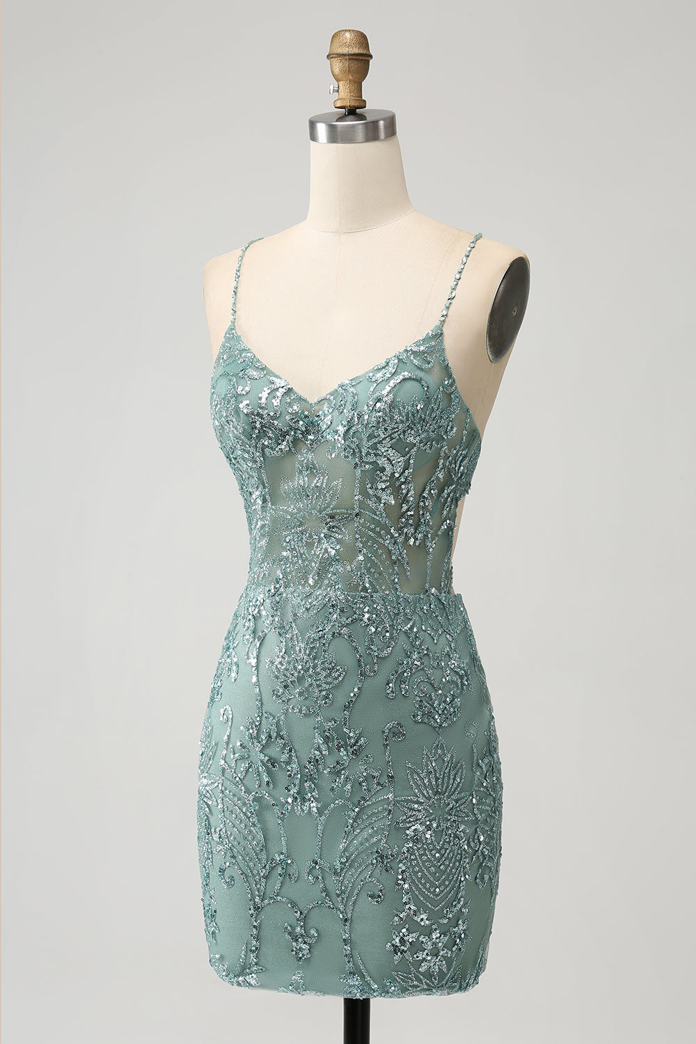 Green Bodycon Beaded Short Homecoming Dress with Criss Cross Back - Fashionpara