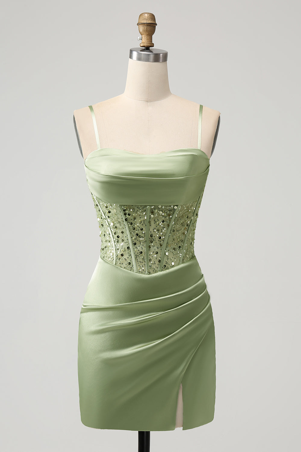 Glitter Sage Green Bodycon Sequin Corset Short Homecoming Dress with Slit - Fashionpara