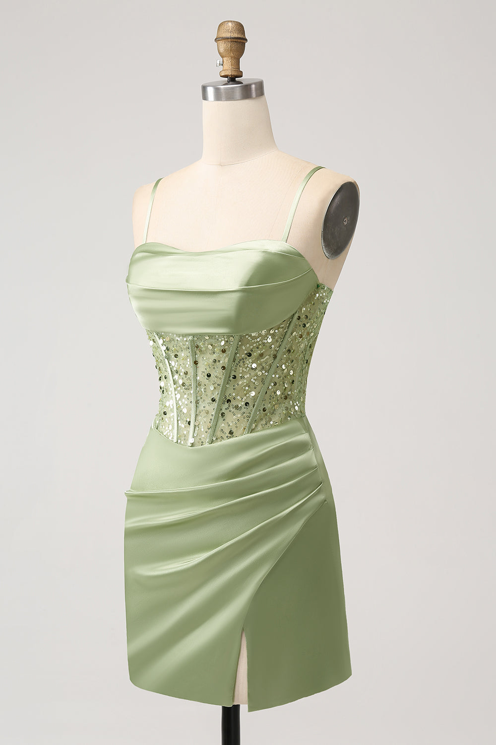 Glitter Sage Green Bodycon Sequin Corset Short Homecoming Dress with Slit - Fashionpara