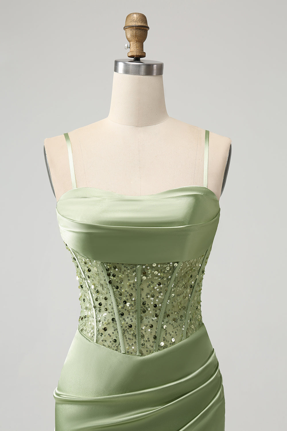 Glitter Sage Green Bodycon Sequin Corset Short Homecoming Dress with Slit - Fashionpara