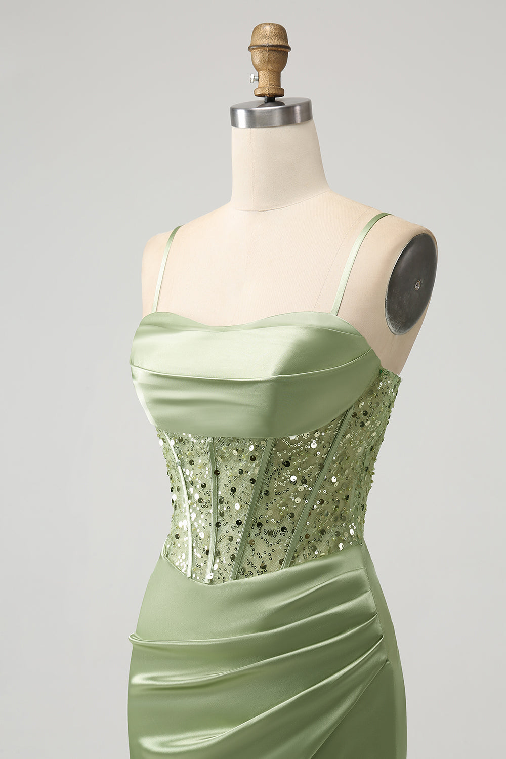 Glitter Sage Green Bodycon Sequin Corset Short Homecoming Dress with Slit - Fashionpara