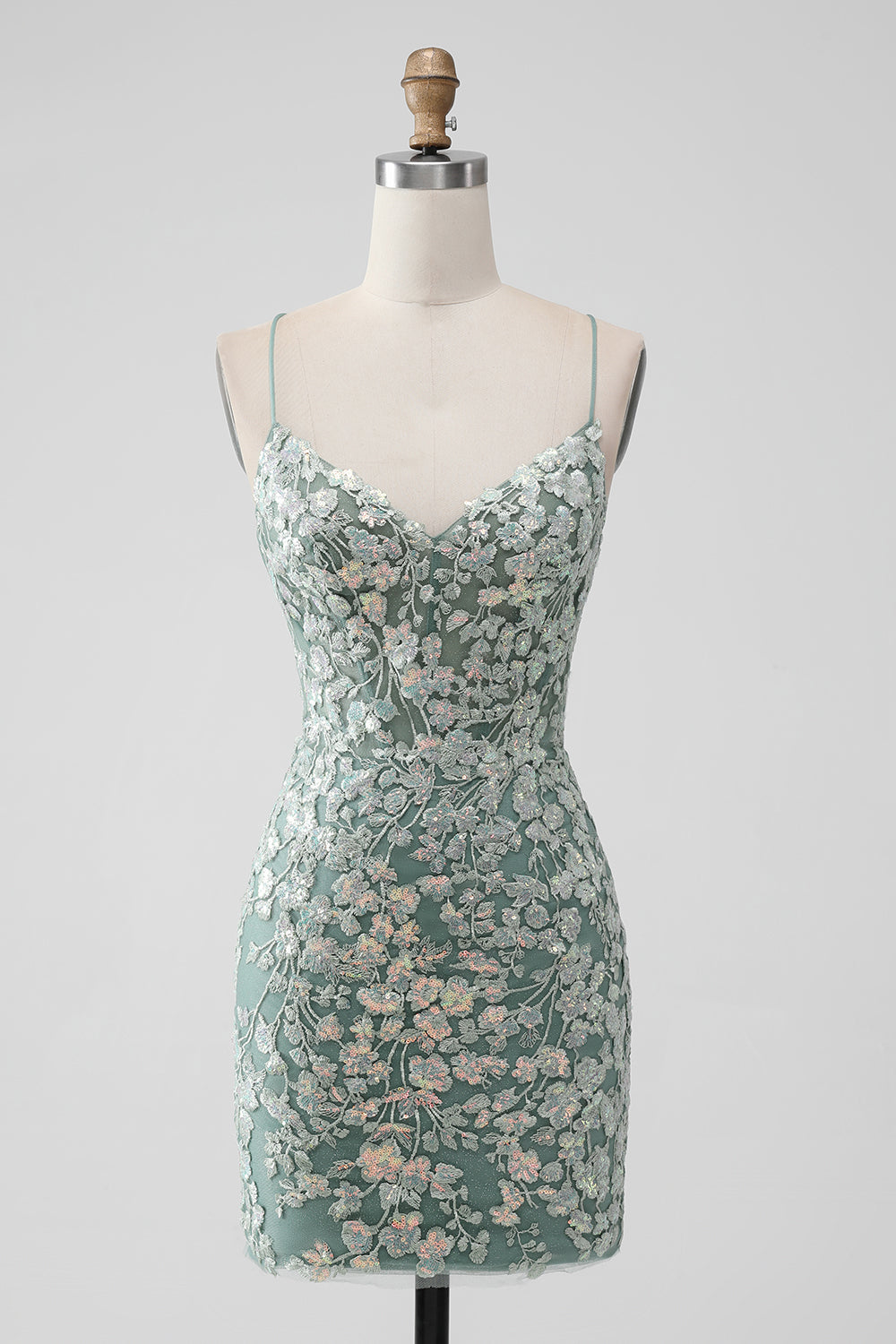 Grey Green Bodycon Lace-up Back Short Homecoming Dress with Sequin Appliqued - Fashionpara