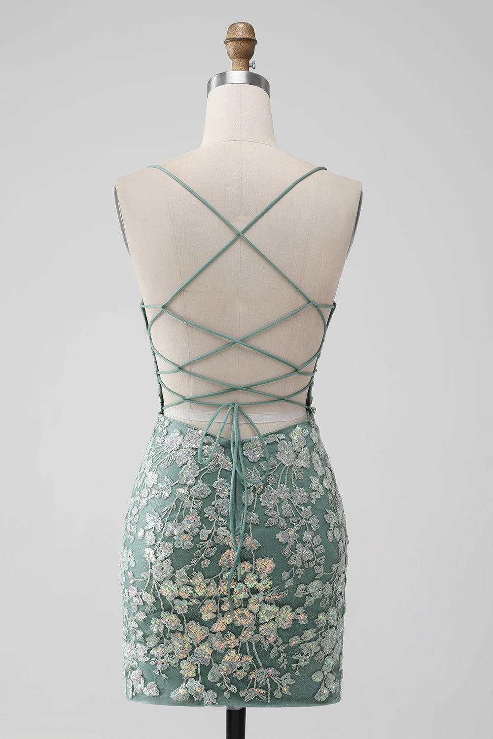 Grey Green Bodycon Lace-up Back Short Homecoming Dress with Sequin Appliqued - Fashionpara