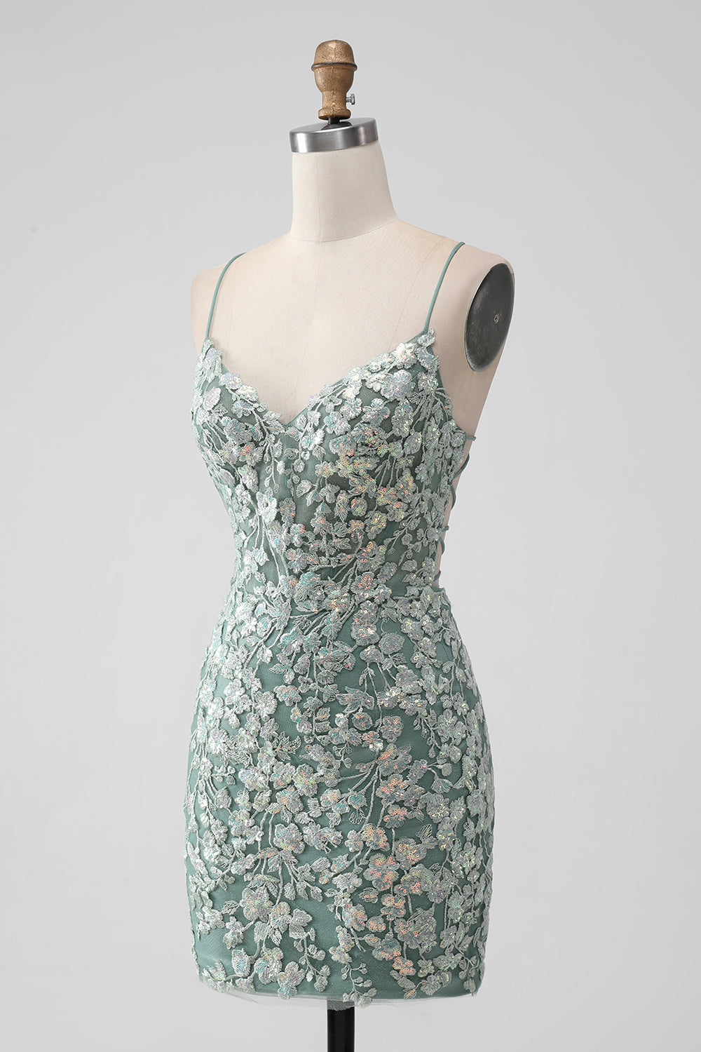 Grey Green Bodycon Lace-up Back Short Homecoming Dress with Sequin Appliqued - Fashionpara