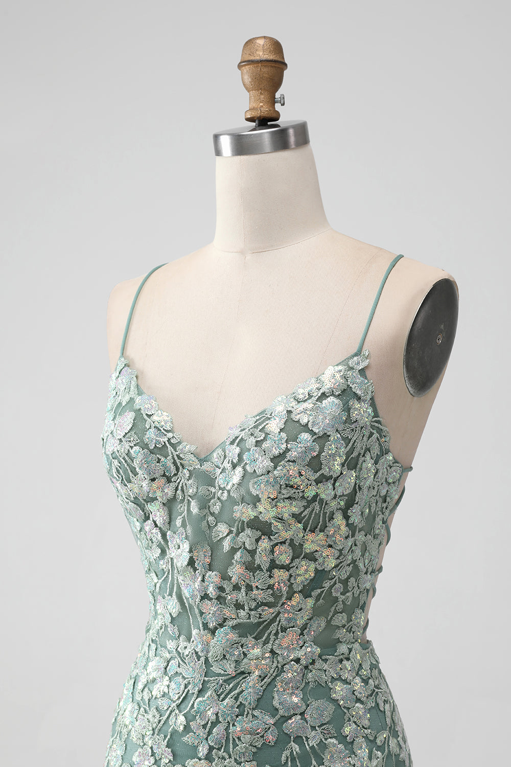 Grey Green Bodycon Lace-up Back Short Homecoming Dress with Sequin Appliqued - Fashionpara
