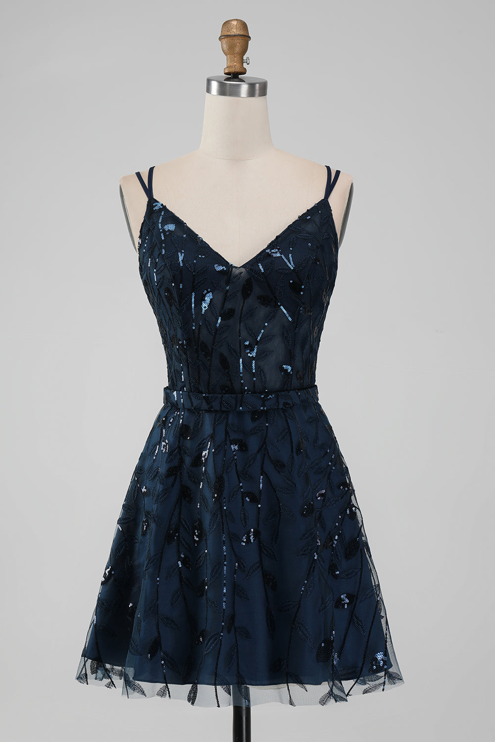 Navy A Line Spaghetti Straps Sparkly Sequins Short Homecoming Dress - Fashionpara