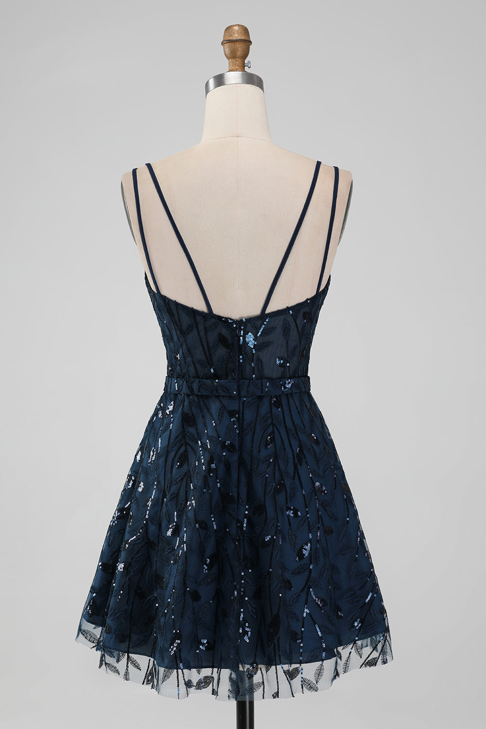 Navy A Line Spaghetti Straps Sparkly Sequins Short Homecoming Dress - Fashionpara