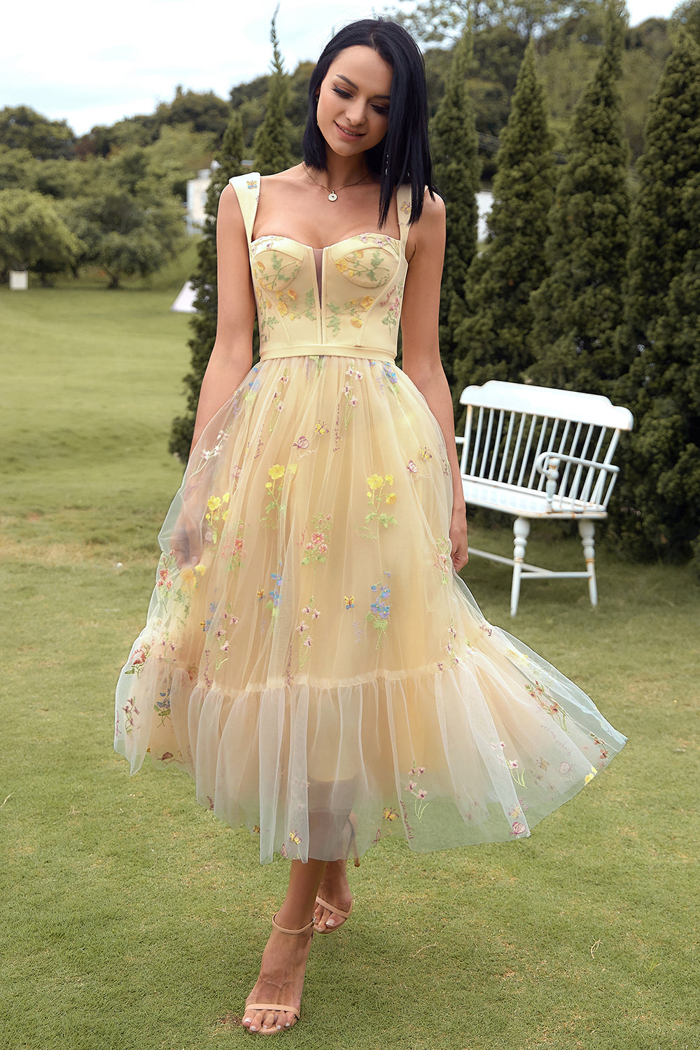 Champagne Long Prom Dress with Embroidery - Fashionpara