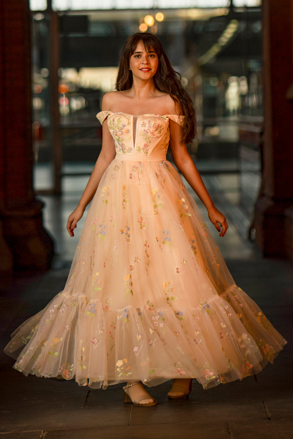 Princess A Line Champagne Long Prom Dress with Embroidery - Fashionpara