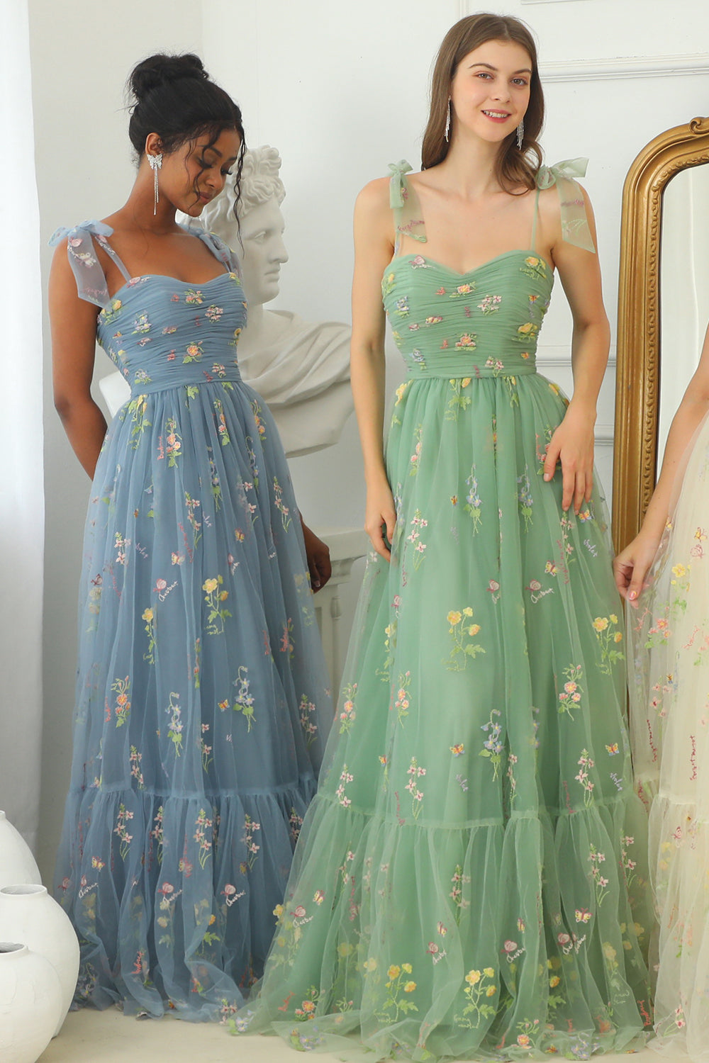 A Line Spaghetti Straps Champagne Prom Dress with Appliques - Fashionpara