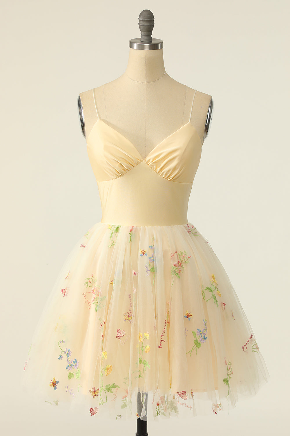 Champagne Tulle Spaghetti Straps A-line Homecoming Dress with Embroidery - Fashionpara