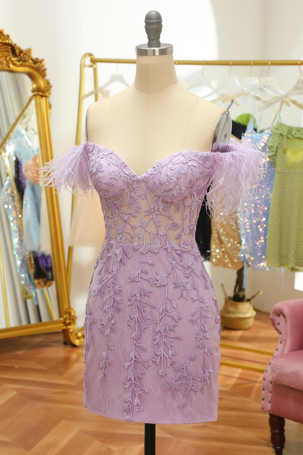 Lavender Off the Shoulder Homecoming Dress with Feathers