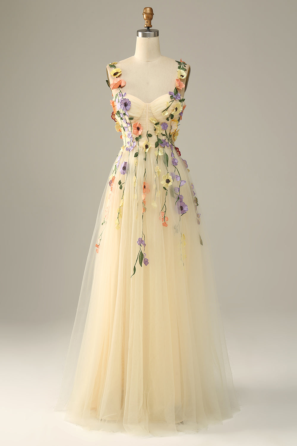 Champagne Spaghetti Straps Prom Dress With 3D Flowers - Fashionpara