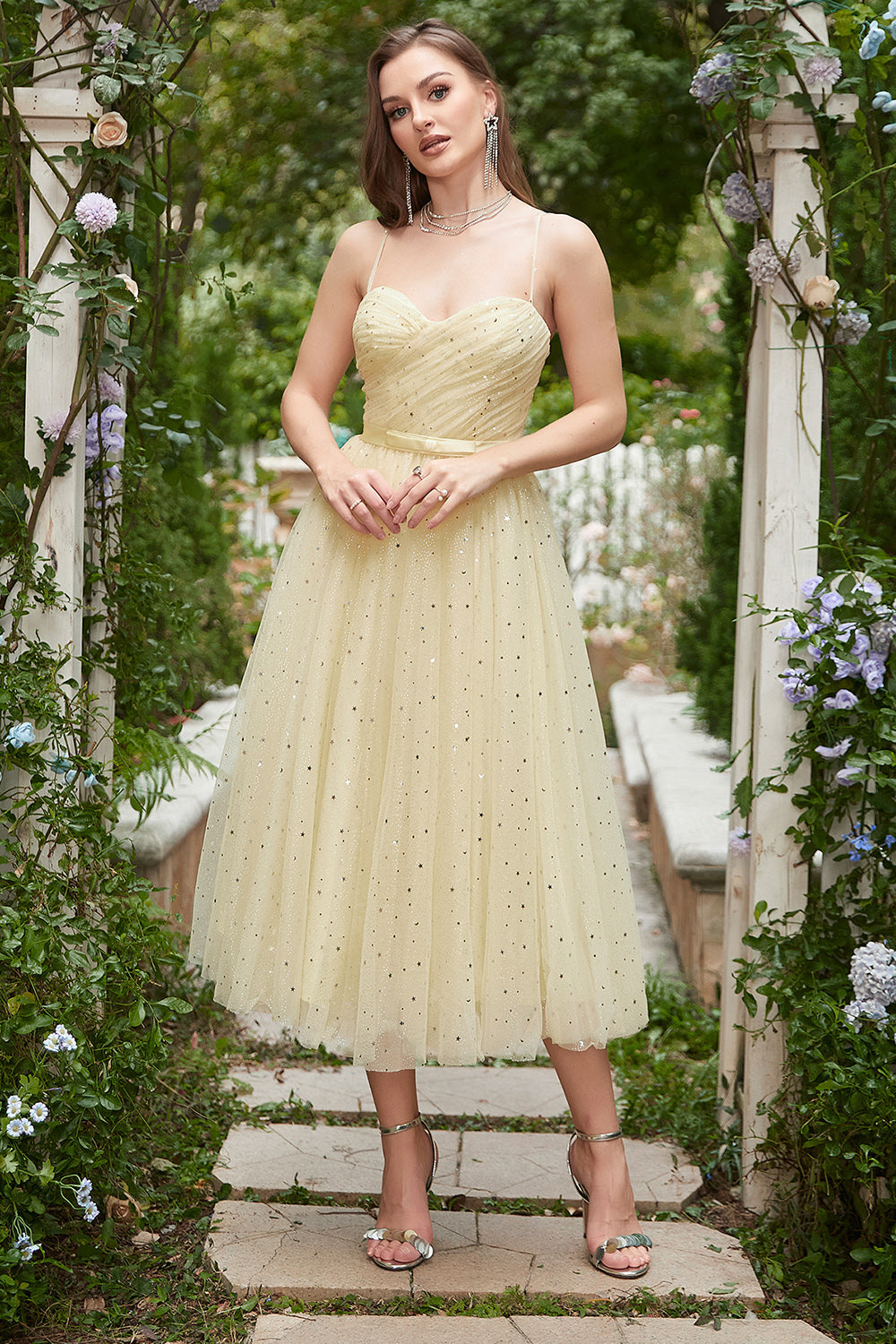 Yellow Spaghetti Straps Tea Length Prom Dress - Fashionpara