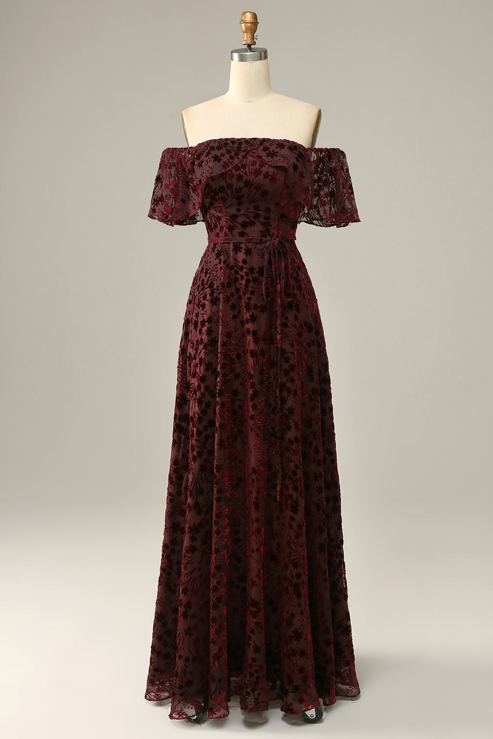 Burgundy Flower Off The Shoulder Evening Dress - Fashionpara