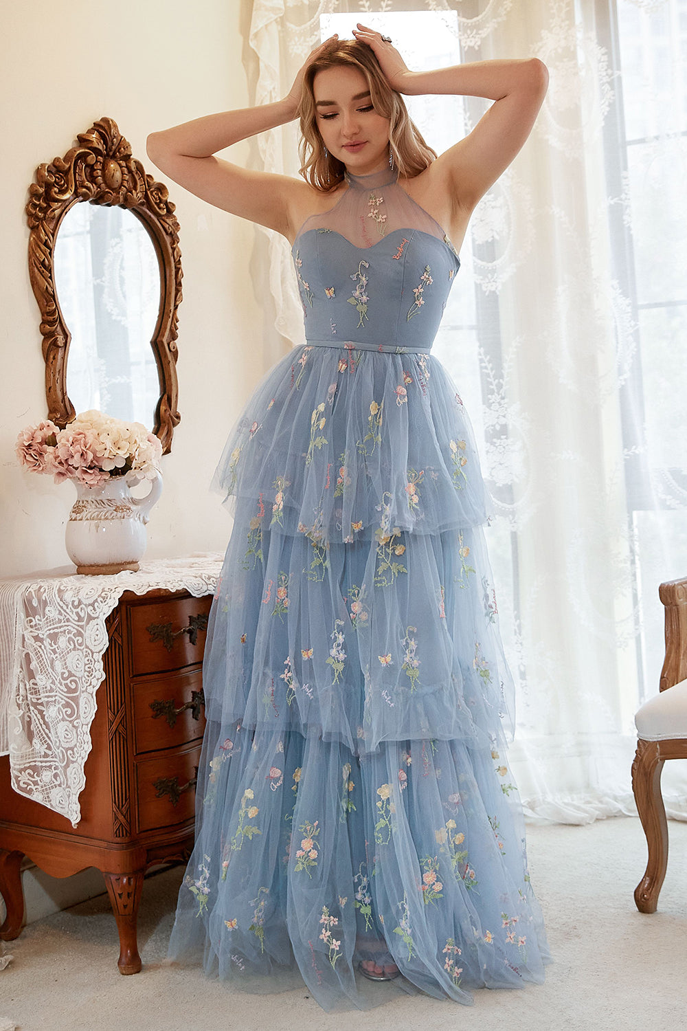 A Line Halter Grey Blue Plus Size Prom Dress with Embroidery - Fashionpara