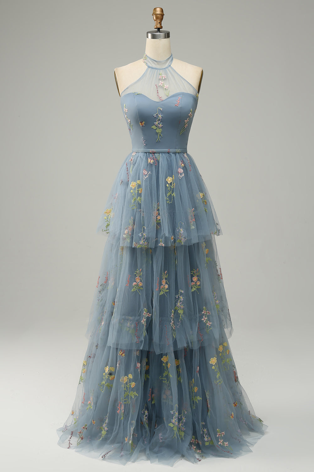 Halter A Line Tulle Prom Dress with Embroidery - Fashionpara