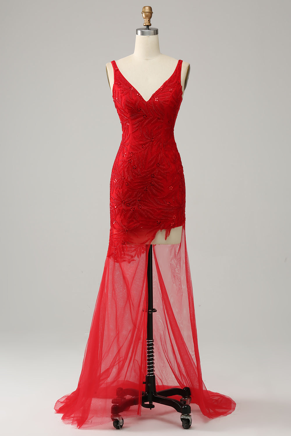 Mermaid V Neck Red Long Prom Dress with Embroidery - Fashionpara