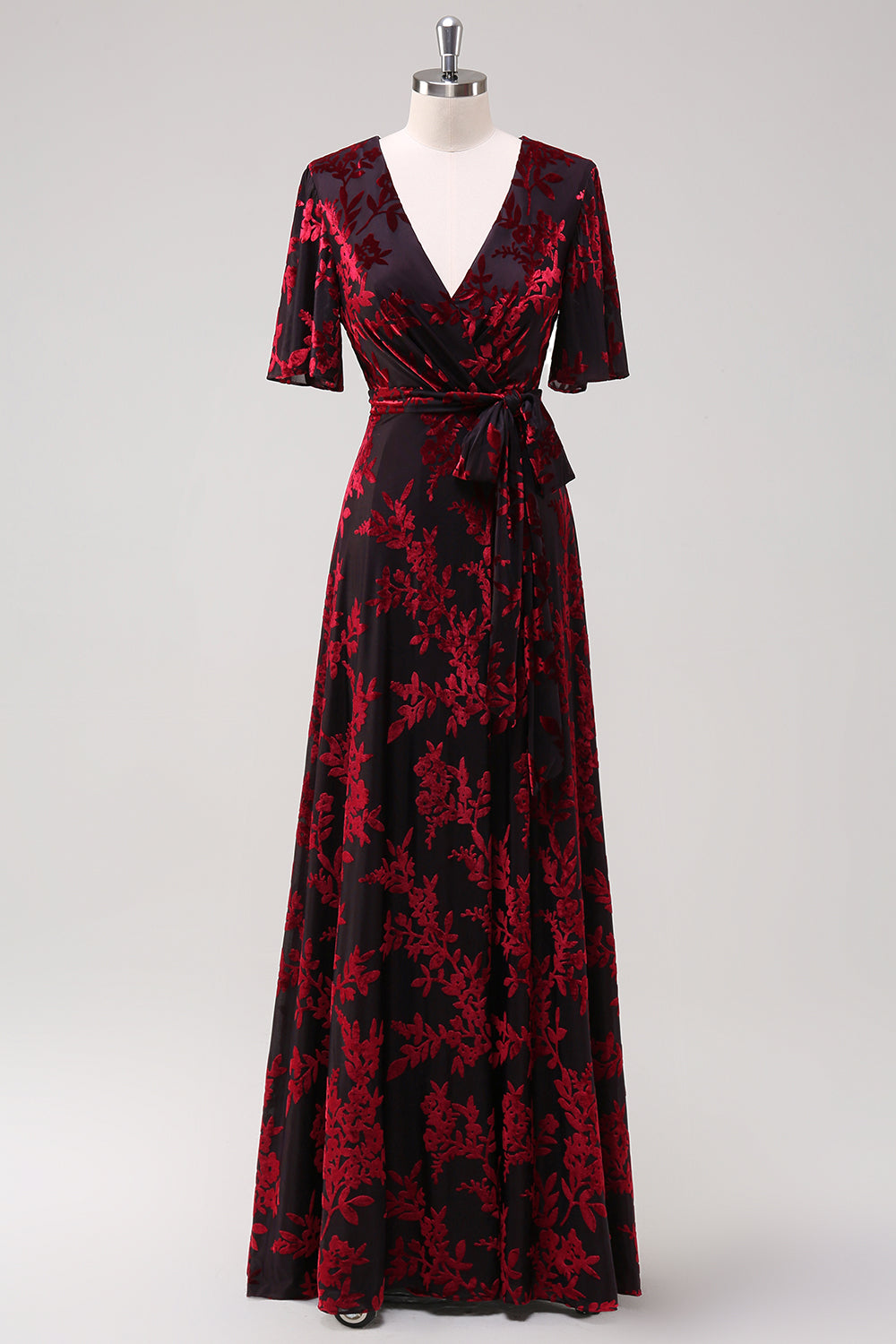 Pine A Line V Neck Burnout Velvet Long Prom Dress with Short Sleeves
