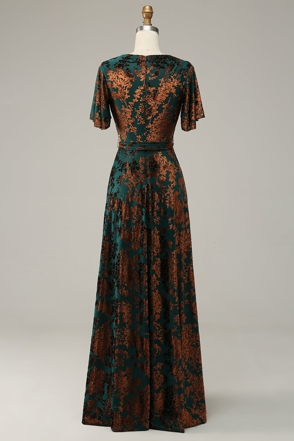 Pine A Line V Neck Burnout Velvet Long Prom Dress with Short Sleeves