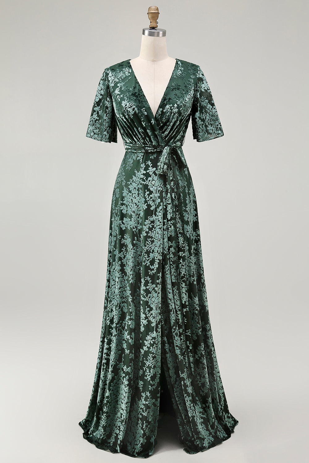 Pine A Line V Neck Burnout Velvet Long Prom Dress with Short Sleeves