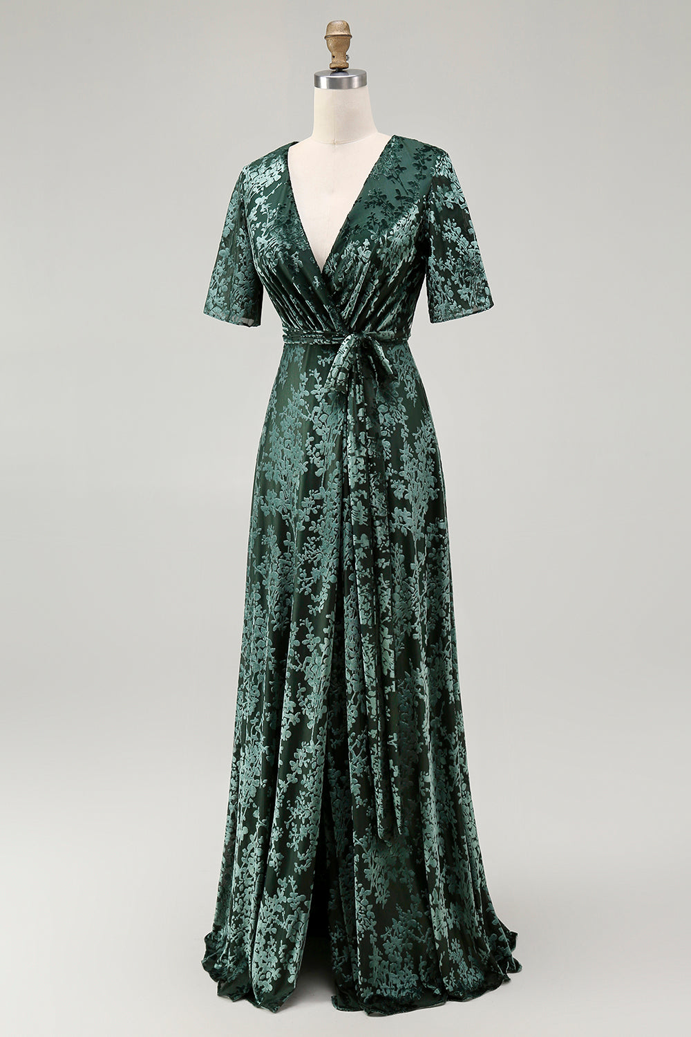 Pine A Line V Neck Burnout Velvet Long Prom Dress with Short Sleeves