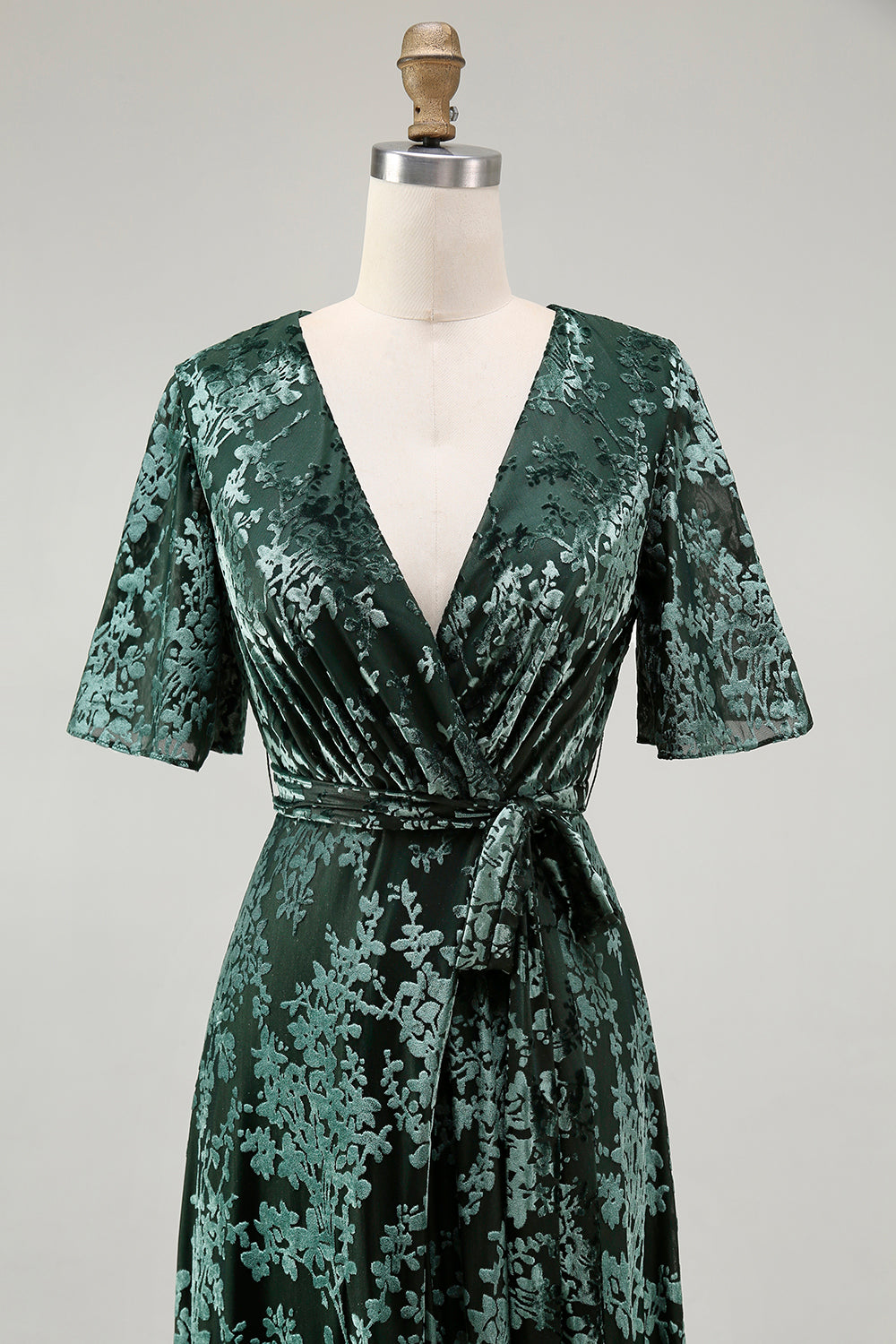 Pine A Line V Neck Burnout Velvet Long Prom Dress with Short Sleeves