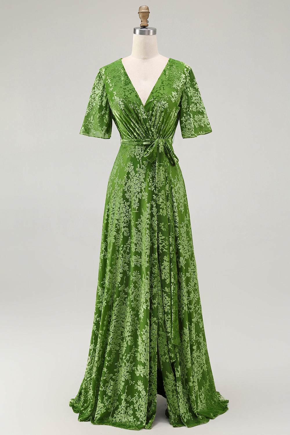 Pine A Line V Neck Burnout Velvet Long Prom Dress with Short Sleeves