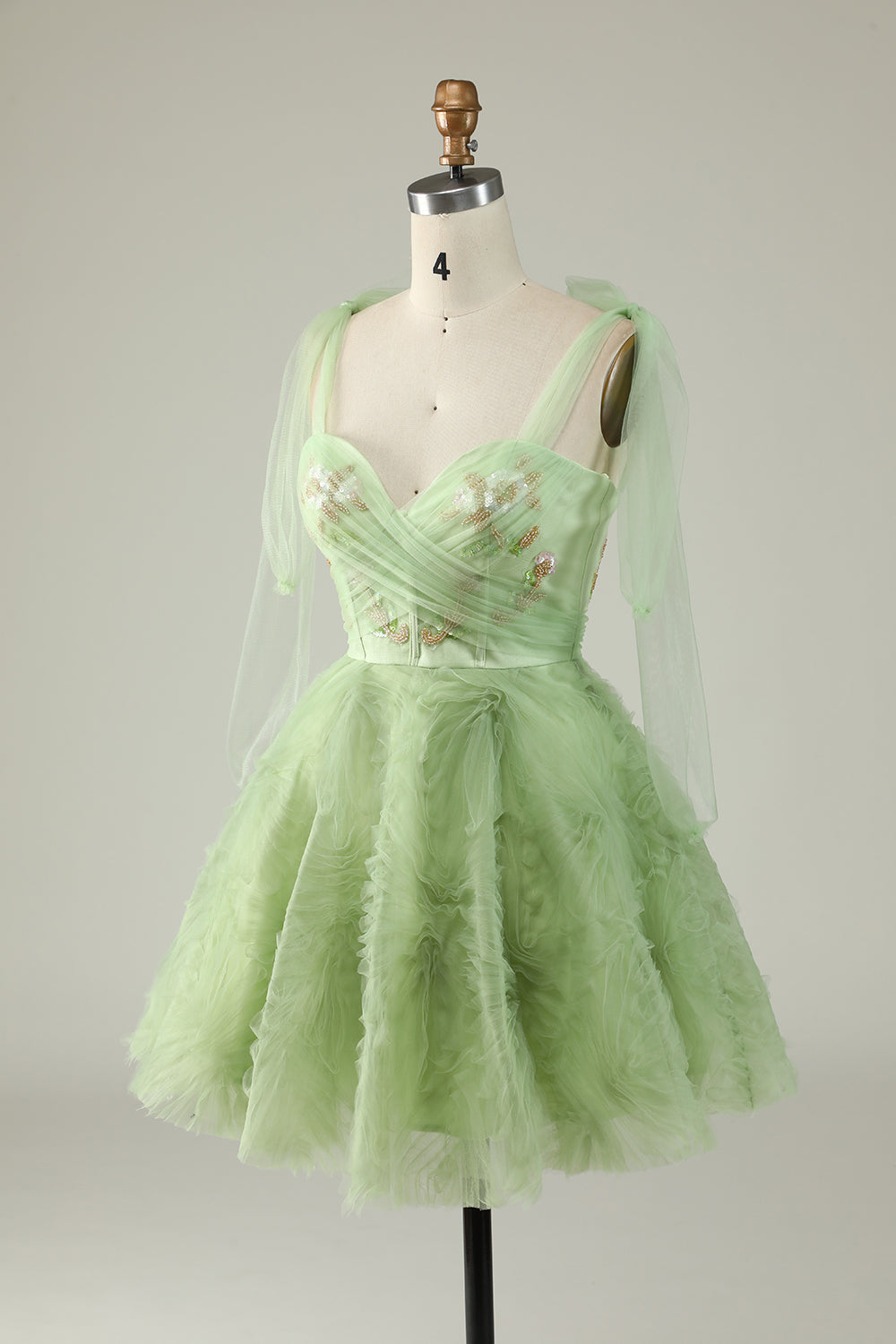 Green V neck Short Tulle Graduation Dress