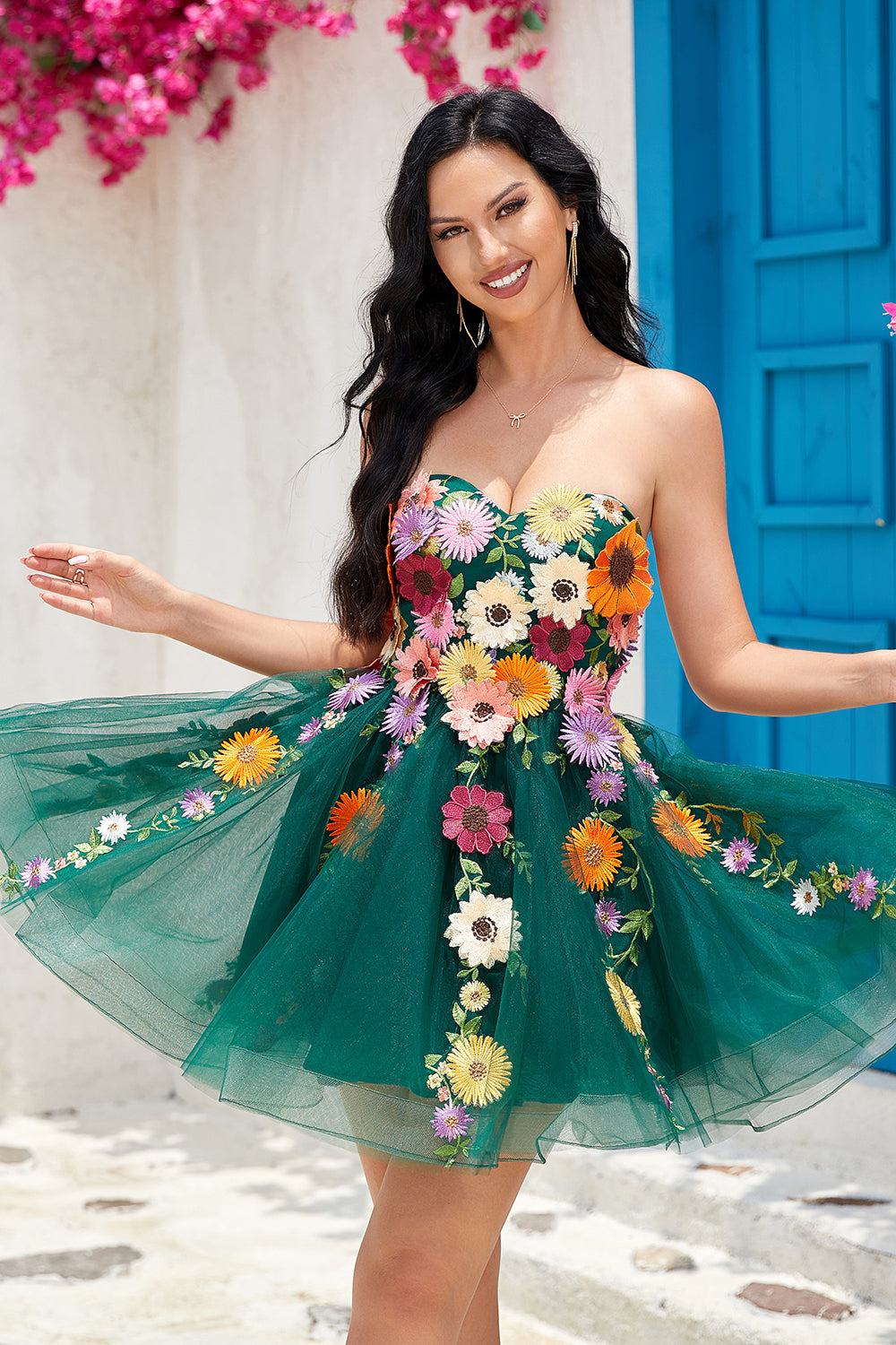 Light Green Strapless Homecoming Dress with 3D Flowers
