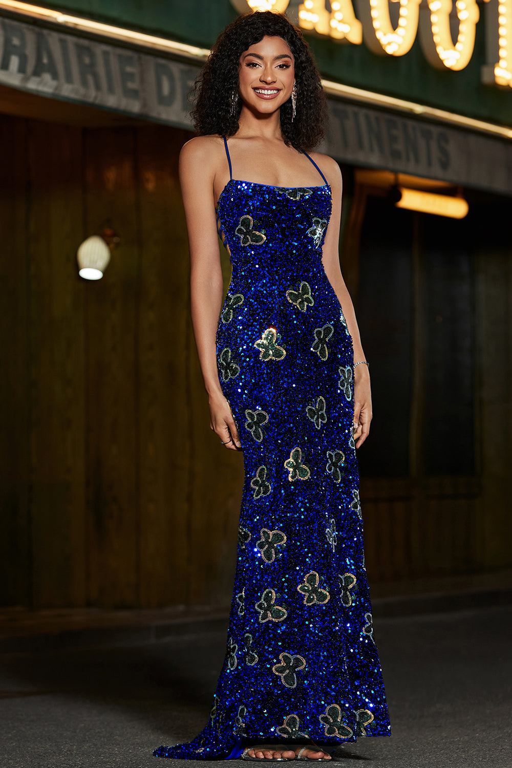 Sparkly Mermaid Spaghetti Straps Royal Blue Sequins Long Prom Dress with Criss Cross Back - Fashionpara