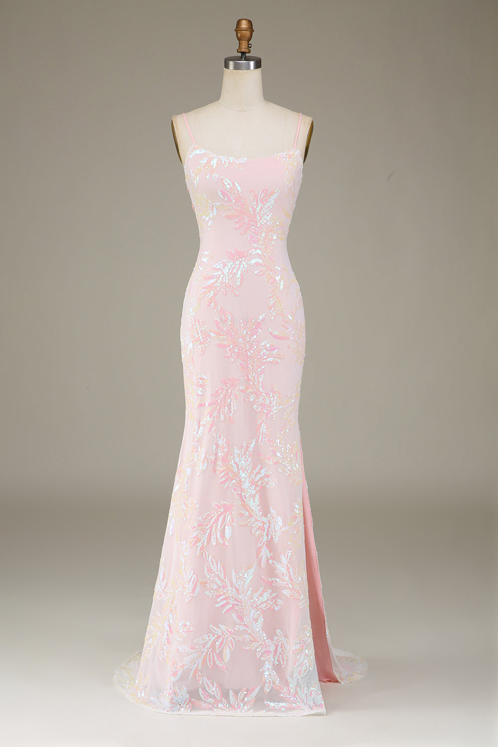 Sparkly Pink Prom Dress with Slit Mermaid Lace-Up Back Party Dress