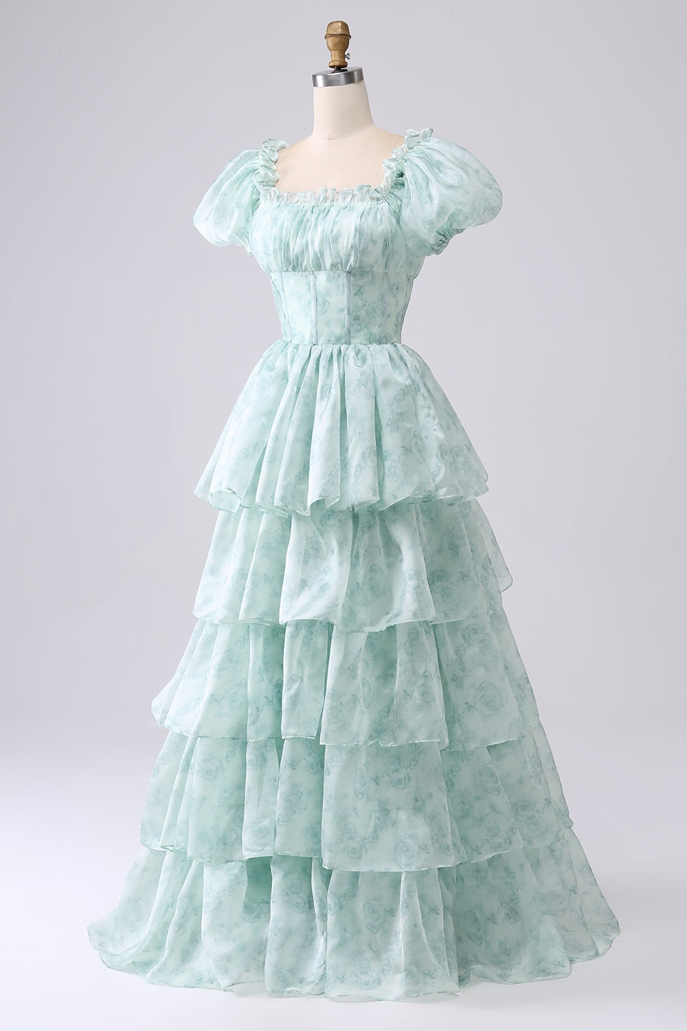 Green A Line Square Neck Tiered Long Prom Dress with Ruffles