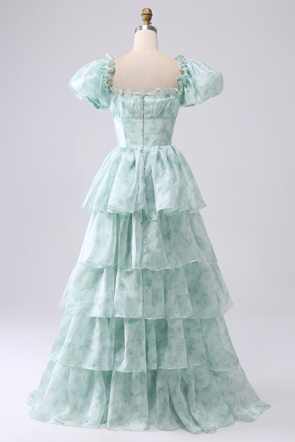Green A Line Square Neck Tiered Long Prom Dress with Ruffles