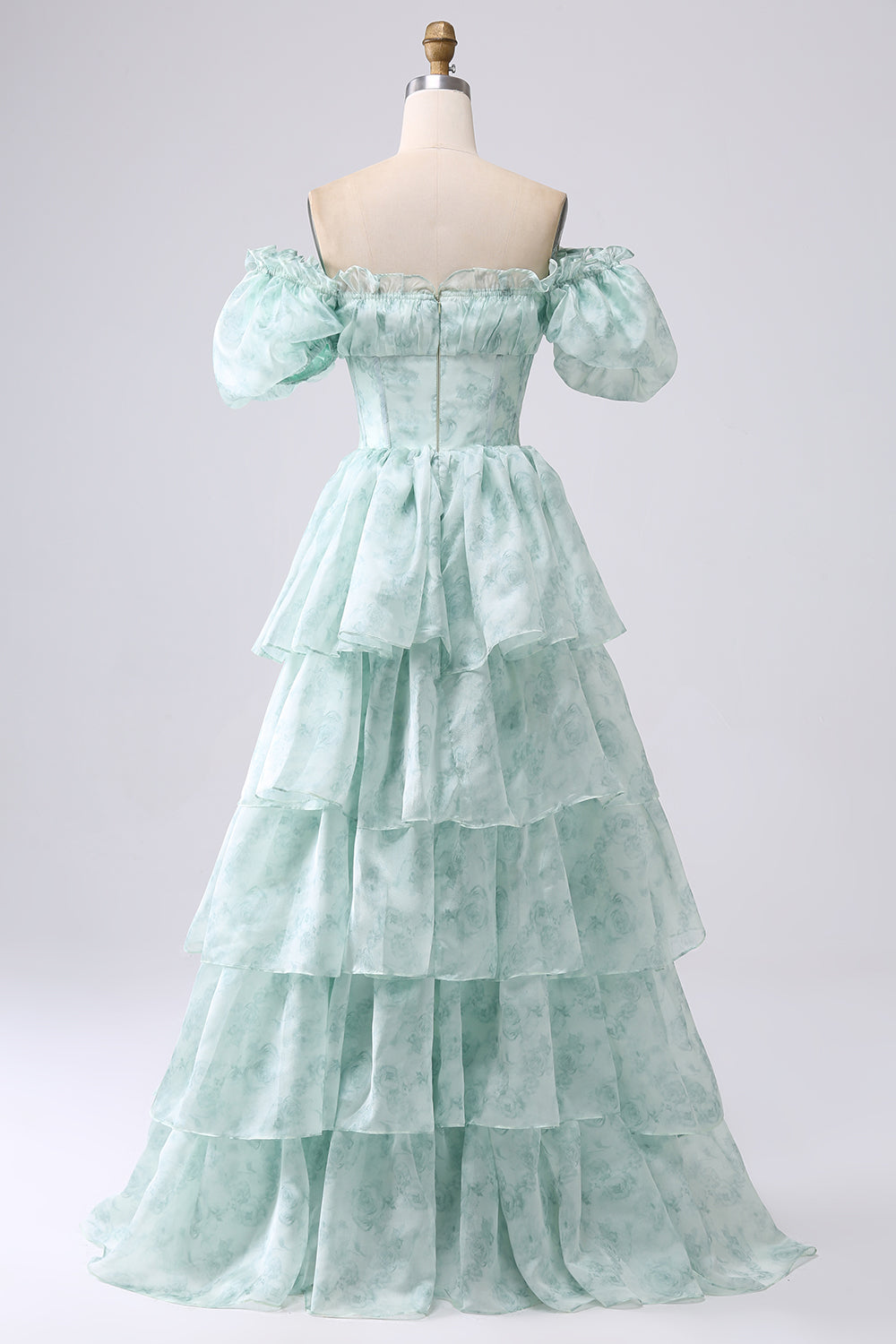 Green A Line Square Neck Tiered Long Prom Dress with Ruffles