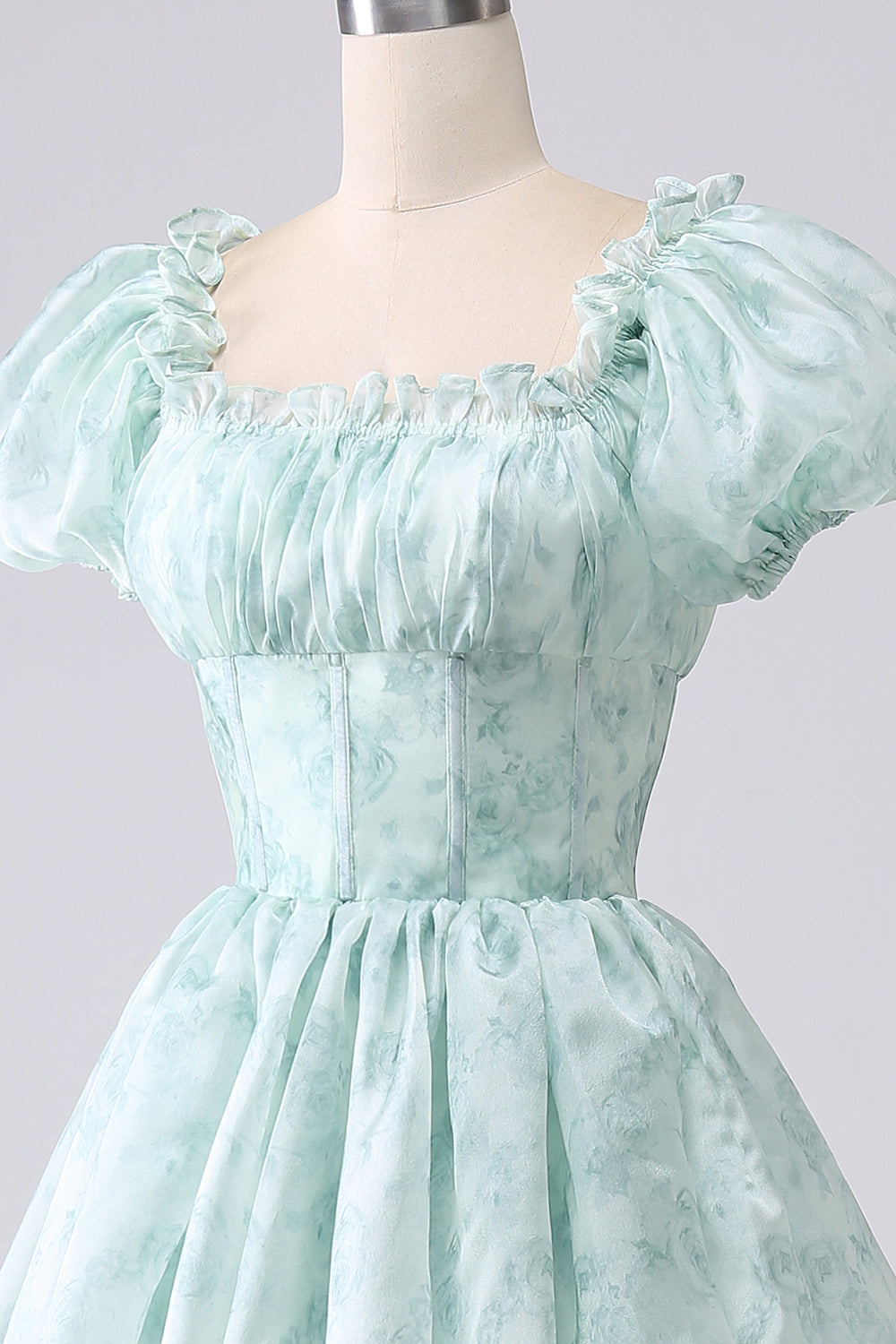 Green A Line Square Neck Tiered Long Prom Dress with Ruffles