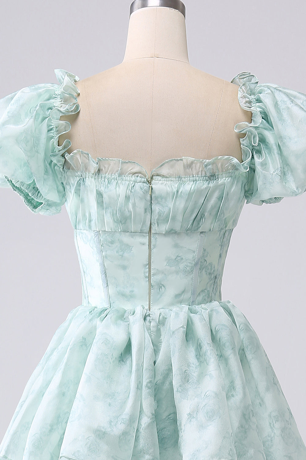 Green A Line Square Neck Tiered Long Prom Dress with Ruffles