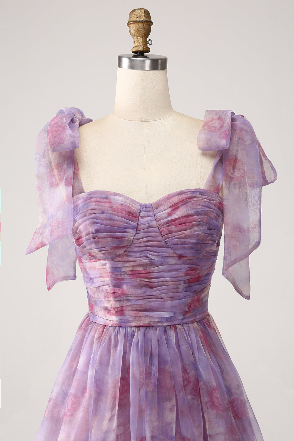 Purple Printed A Line Pleated Long Prom Dress