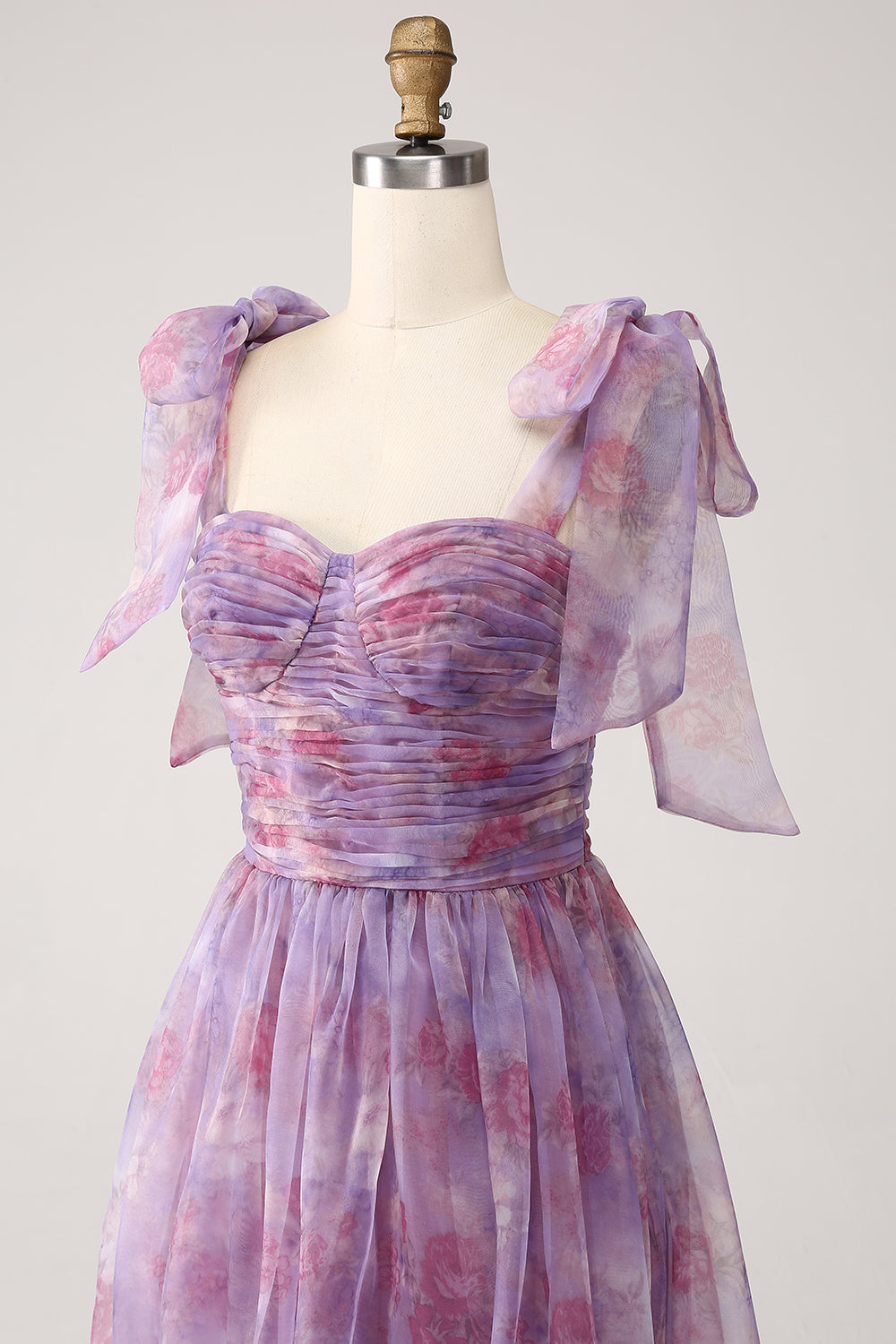 Purple Printed A Line Pleated Long Prom Dress